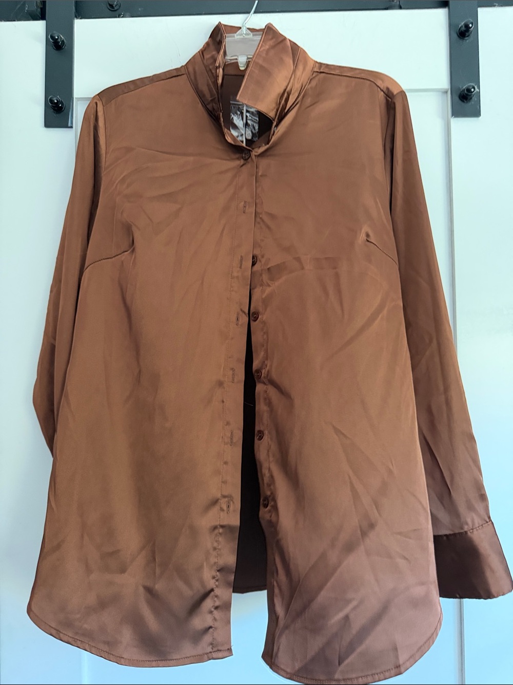 zeagoo Rust Brown Satin Button-Up Blouse